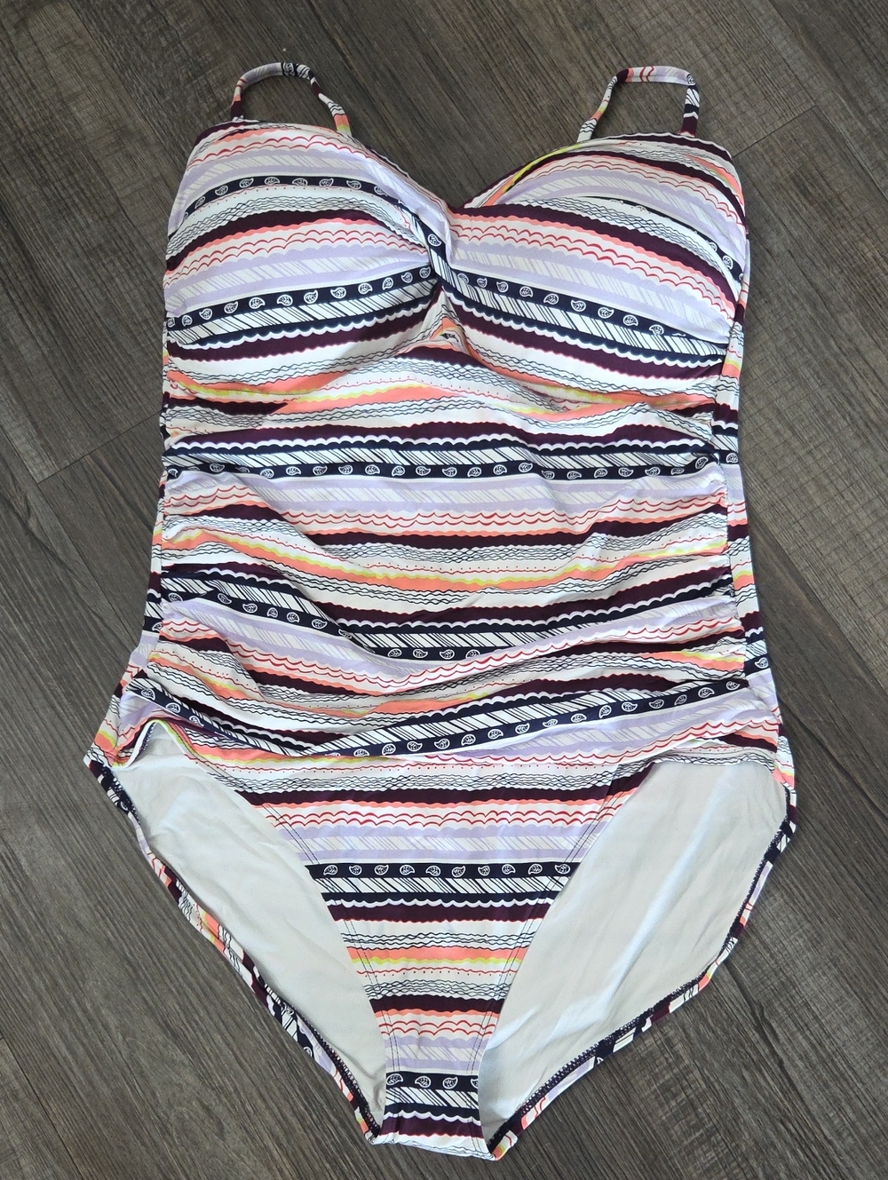 Anne Cole White and Purple Striped Swimsuit with Coral Accents
